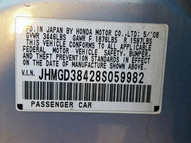 JHMGD38428S059982 - 2008 HONDA FIT GRAY photo 10