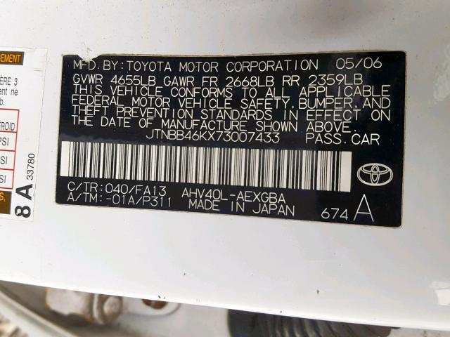 JTNBB46KX73007433 - 2007 TOYOTA CAMRY NEW WHITE photo 10