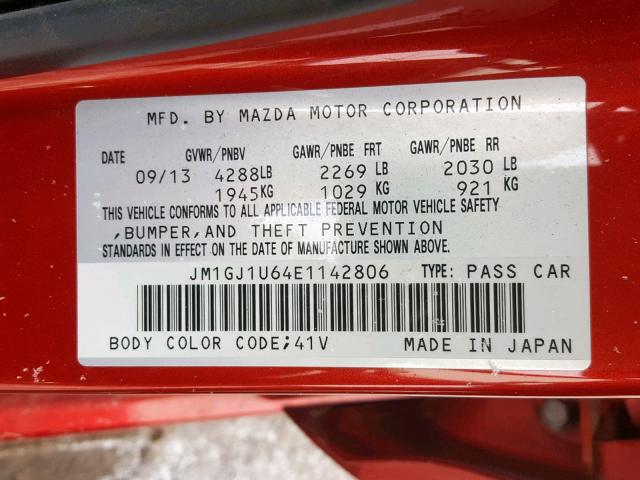 JM1GJ1U64E1142806 - 2014 MAZDA 6 SPORT RED photo 10