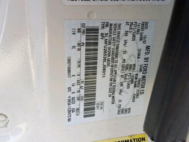 5LMFU28538LJ08013 - 2008 LINCOLN NAVIGATOR WHITE photo 10