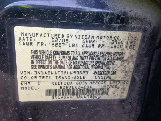 3N1AB61E38L693823 - 2008 NISSAN SENTRA 2.0 BLACK photo 10