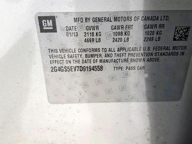 2G4GS5EV7D9194558 - 2013 BUICK REGAL PREM SILVER photo 10