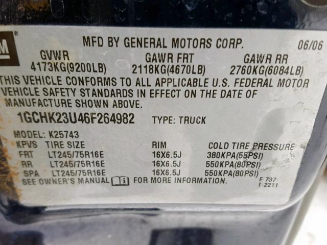 1GCHK23U46F264982 - 2006 CHEVROLET SILVERADO BLUE photo 10