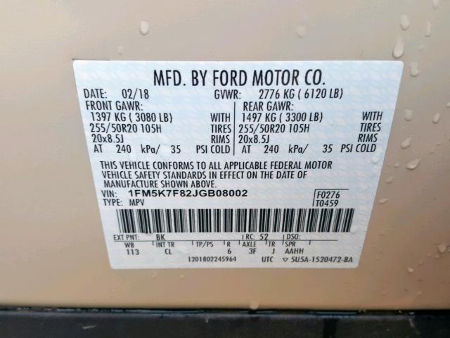 1FM5K7F82JGB08002 - 2018 FORD EXPLORER L CREAM photo 10