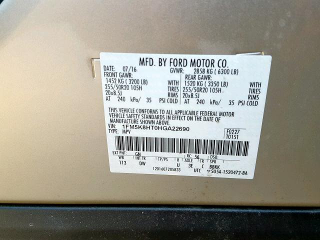 1FM5K8HT0HGA22690 - 2017 FORD EXPLORER P GOLD photo 10