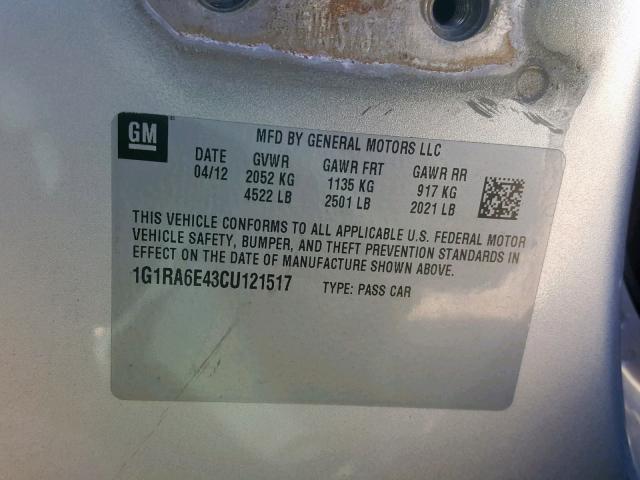 1G1RA6E43CU121517 - 2012 CHEVROLET VOLT SILVER photo 10