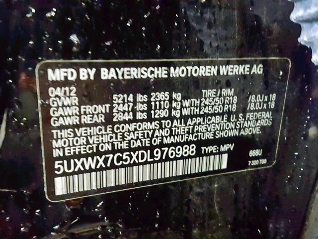 5UXWX7C5XDL976988 - 2013 BMW X3 XDRIVE3 BLACK photo 10