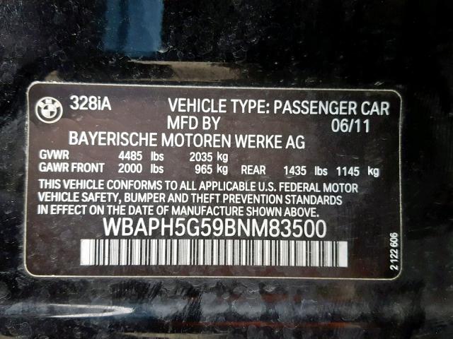 WBAPH5G59BNM83500 - 2011 BMW 328 I SULE BLACK photo 10