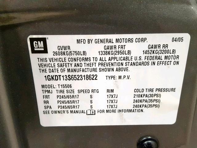 1GKDT13S652318622 - 2005 GMC ENVOY GRAY photo 10