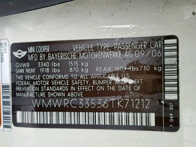 WMWRC33536TK71212 - 2006 MINI COOPER CREAM photo 10