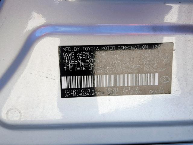 JTHBF5C21C5177602 - 2012 LEXUS IS 250 SILVER photo 10