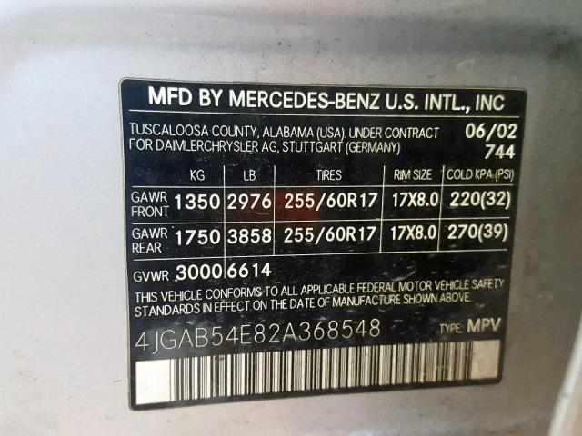 4JGAB54E82A368548 - 2002 MERCEDES-BENZ ML 320 SILVER photo 10