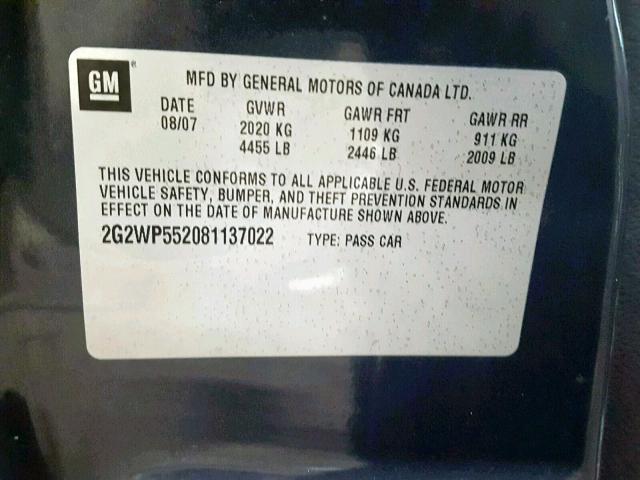 2G2WP552081137022 - 2008 PONTIAC GRAND PRIX BLUE photo 10
