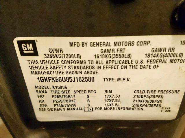 1GKFK66U85J162580 - 2005 GMC YUKON XL D TAN photo 10