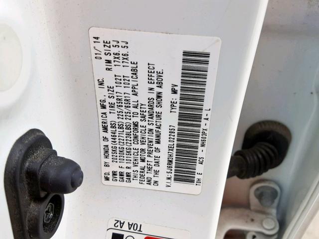 5J6RM3H7XEL022957 - 2014 HONDA CR-V EXL WHITE photo 10