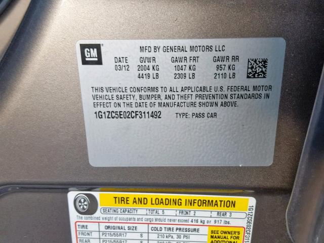 1G1ZC5E02CF311492 - 2012 CHEVROLET MALIBU 1LT ნაცრისფერი ფოტო 10