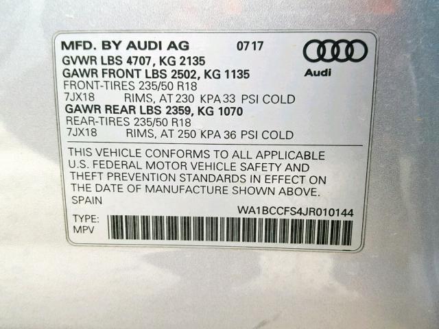 WA1BCCFS4JR010144 - 2018 AUDI Q3 PREMIUM SILVER photo 10