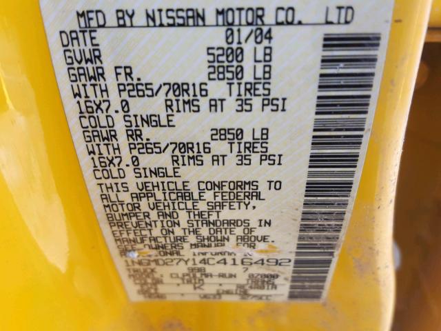 1N6MD27Y14C416492 - 2004 NISSAN FRONTIER C YELLOW photo 10