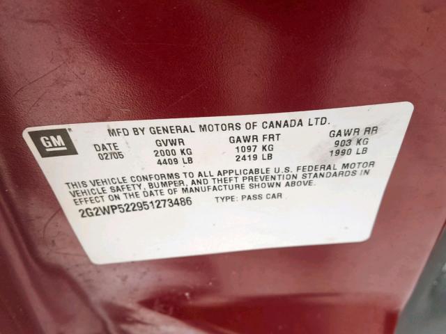 2G2WP522951273486 - 2005 PONTIAC GRAND PRIX MAROON photo 10