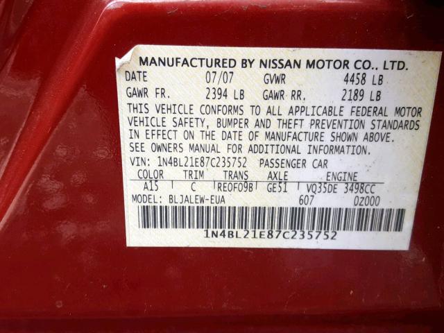 1N4BL21E87C235752 - 2007 NISSAN ALTIMA 3.5 RED photo 10