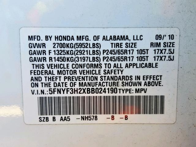 5FNYF3H2XBB024190 - 2011 HONDA PILOT LX WHITE photo 10