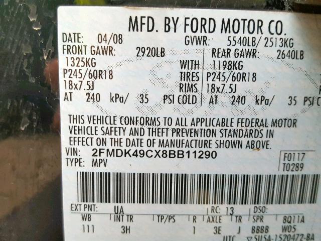 2FMDK49CX8BB11290 - 2008 FORD EDGE LIMIT BLACK photo 10