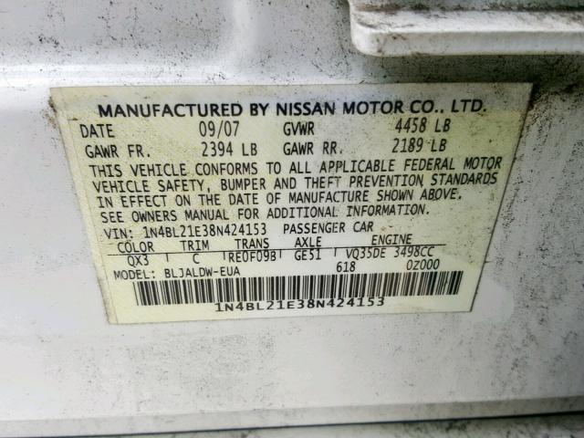 1N4BL21E38N424153 - 2008 NISSAN ALTIMA 3.5 WHITE photo 10