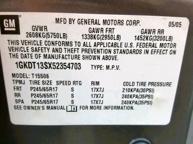 1GKDT13SX52354703 - 2005 GMC ENVOY TAN photo 10