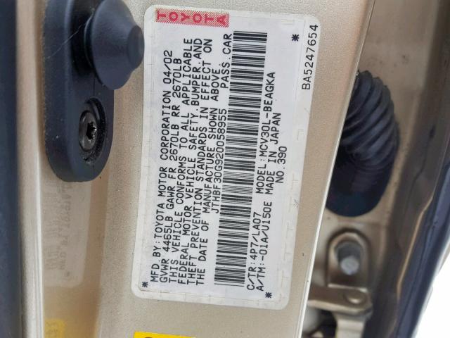 JTHBF30G920058955 - 2002 LEXUS ES 300 TAN photo 10