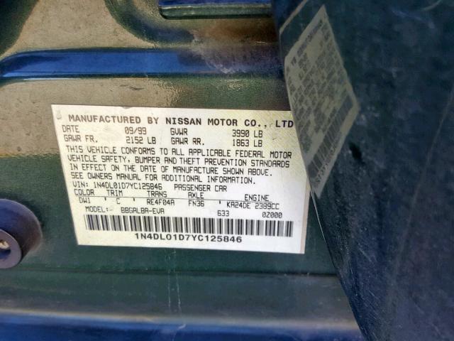 1N4DL01D7YC125846 - 2000 NISSAN ALTIMA XE GREEN photo 10