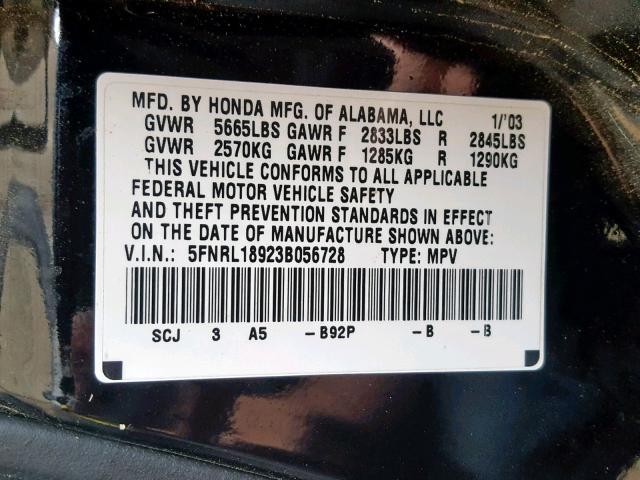 5FNRL18923B056728 - 2003 HONDA ODYSSEY EX BLACK photo 10