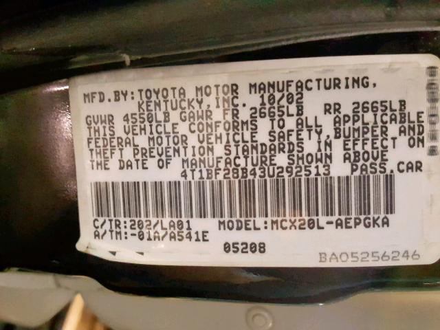 4T1BF28B43U292513 - 2003 TOYOTA AVALON XL BLACK photo 10