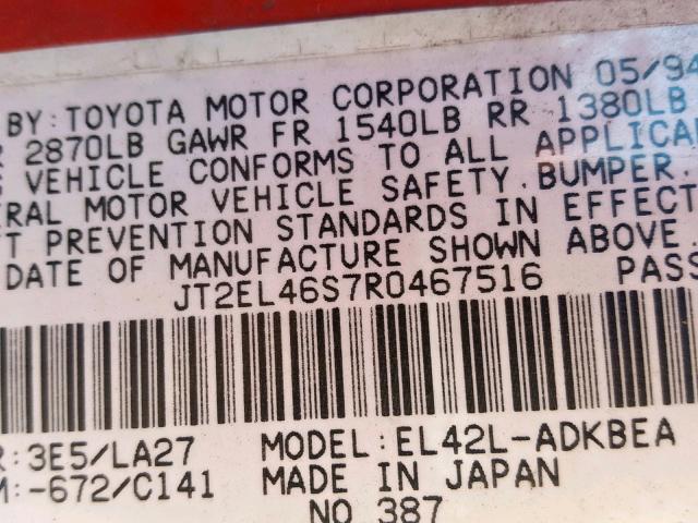 JT2EL46S7R0467516 - 1994 TOYOTA TERCEL STD RED photo 10