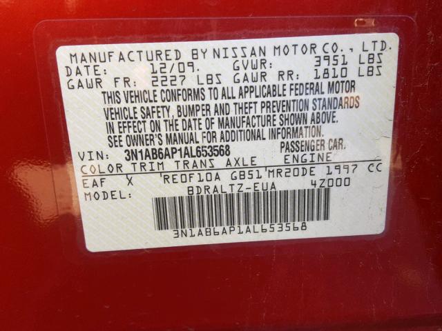 3N1AB6AP1AL653568 - 2010 NISSAN SENTRA 2.0 RED photo 10