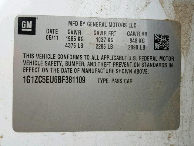 1G1ZC5EU6BF381109 - 2011 CHEVROLET MALIBU 1LT თეთრი ფოტო 10