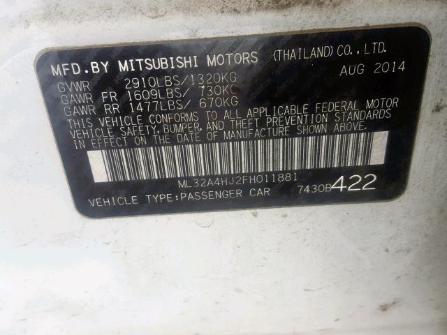 ML32A4HJ2FH011881 - 2015 MITSUBISHI MIRAGE ES WHITE photo 10