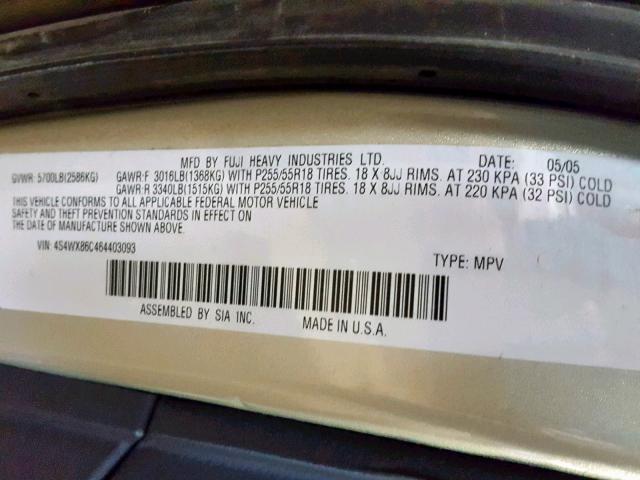 4S4WX86C464403093 - 2006 SUBARU B9 TRIBECA GOLD photo 10