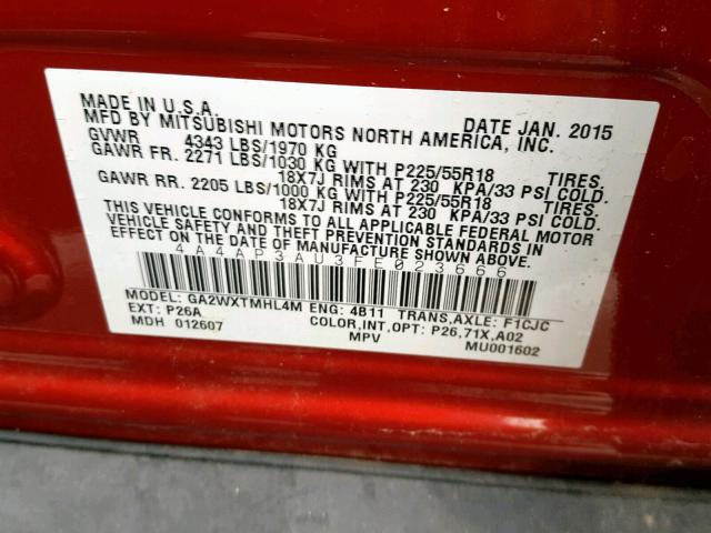 4A4AP3AU3FE023666 - 2015 MITSUBISHI OUTLANDER RED photo 10