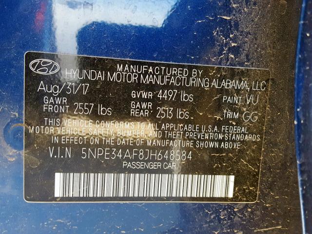 5NPE34AF8JH648584 - 2018 HYUNDAI SONATA SPO BLUE photo 10