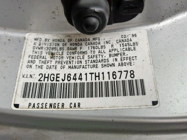 2HGEJ6441TH116778 - 1996 HONDA CIVIC DX GRAY photo 10