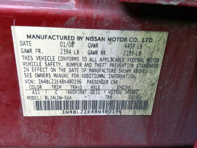 1N4BL21E48N480196 - 2008 NISSAN ALTIMA 3.5 RED photo 10