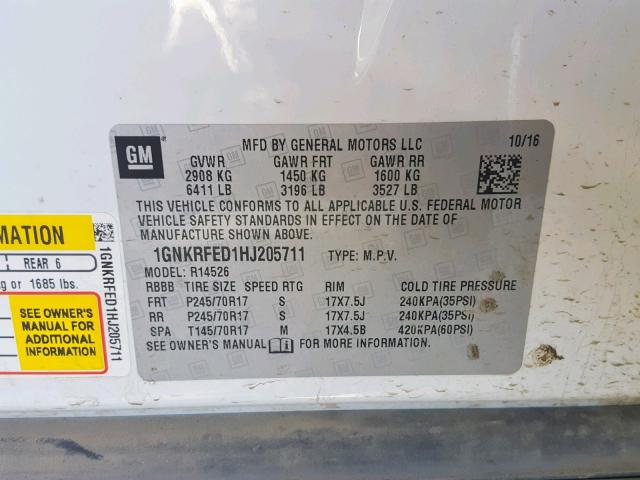 1GNKRFED1HJ205711 - 2017 CHEVROLET TRAVERSE L WHITE photo 10