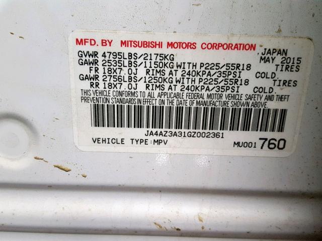 JA4AZ3A31GZ002361 - 2016 MITSUBISHI OUTLANDER WHITE photo 10