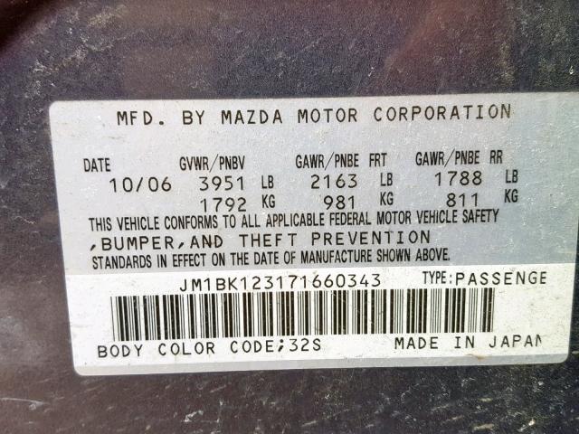 JM1BK123171660343 - 2007 MAZDA 3 S BLACK photo 10