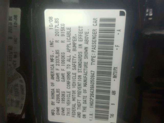 1HGCP26439A050947 - 2009 HONDA ACCORD LXP BLACK photo 10