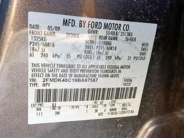 2FMDK48C19BA97587 - 2009 FORD EDGE SEL GRAY photo 10