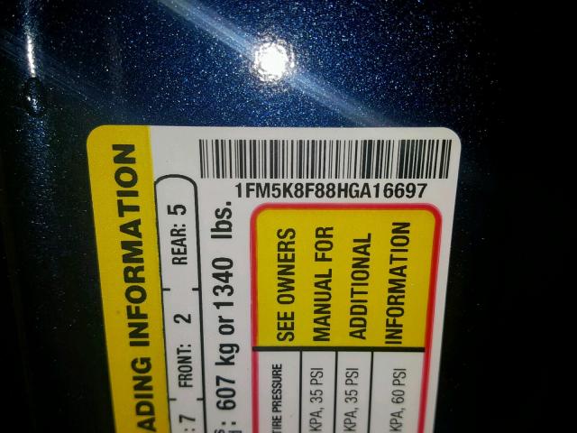 1FM5K8F88HGA16697 - 2017 FORD EXPLORER L BLUE photo 10