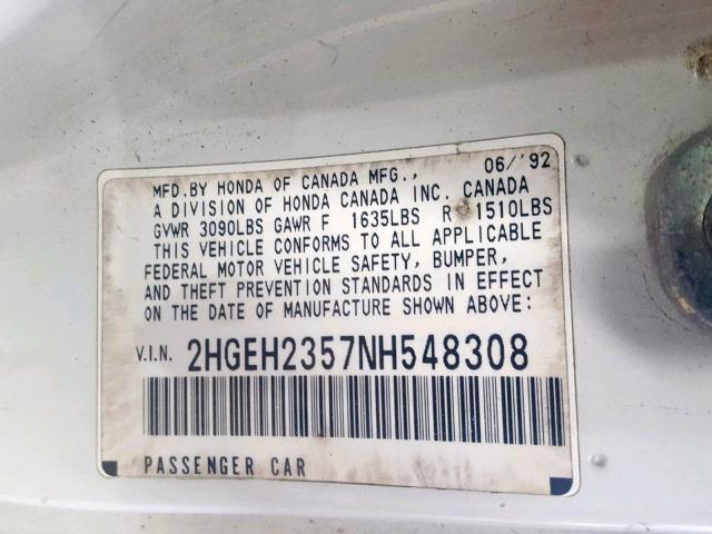 2HGEH2357NH548308 - 1992 HONDA CIVIC DX WHITE photo 10