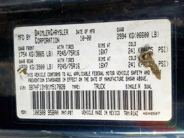 3B7HF13Y81M517828 - 2001 DODGE RAM 1500 BLUE photo 10