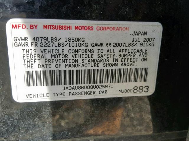 JA3AU86U08U025971 - 2008 MITSUBISHI LANCER GTS BLACK photo 10